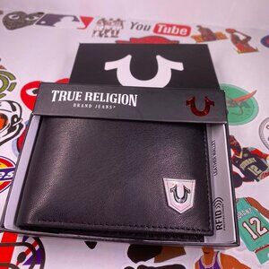New True Religion Men's Genuine Leather Black Bifold Wallet RFID Tr Red Logo NWT